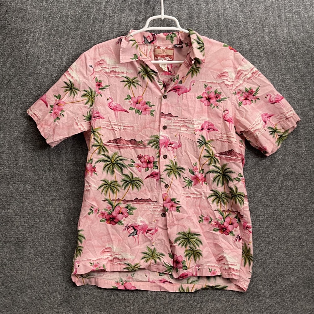 RJC Pink Flamingo Hawaiian Shirt Mens Sz L Tropical Cotton Button Up